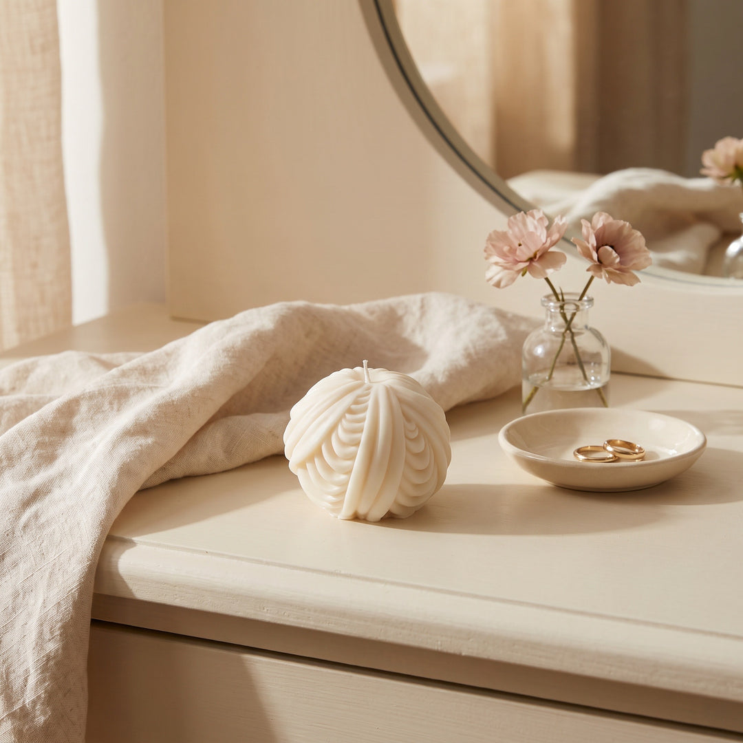 A cream-colored textured candle shaped like a ribbed ball sits on a beige vanity table next to a small dish with rings, a vase with pink flowers, and a draped linen cloth, with a mirror in the background.