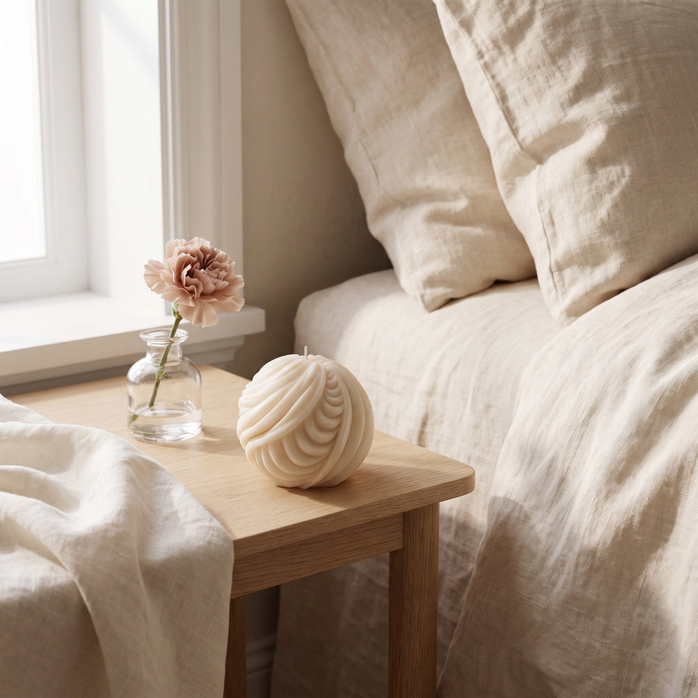 A cream-colored, textured spiral candle sits on a light wood bedside table next to a bed with beige linen bedding and pillows, with a small glass vase holding a pink flower in the background.