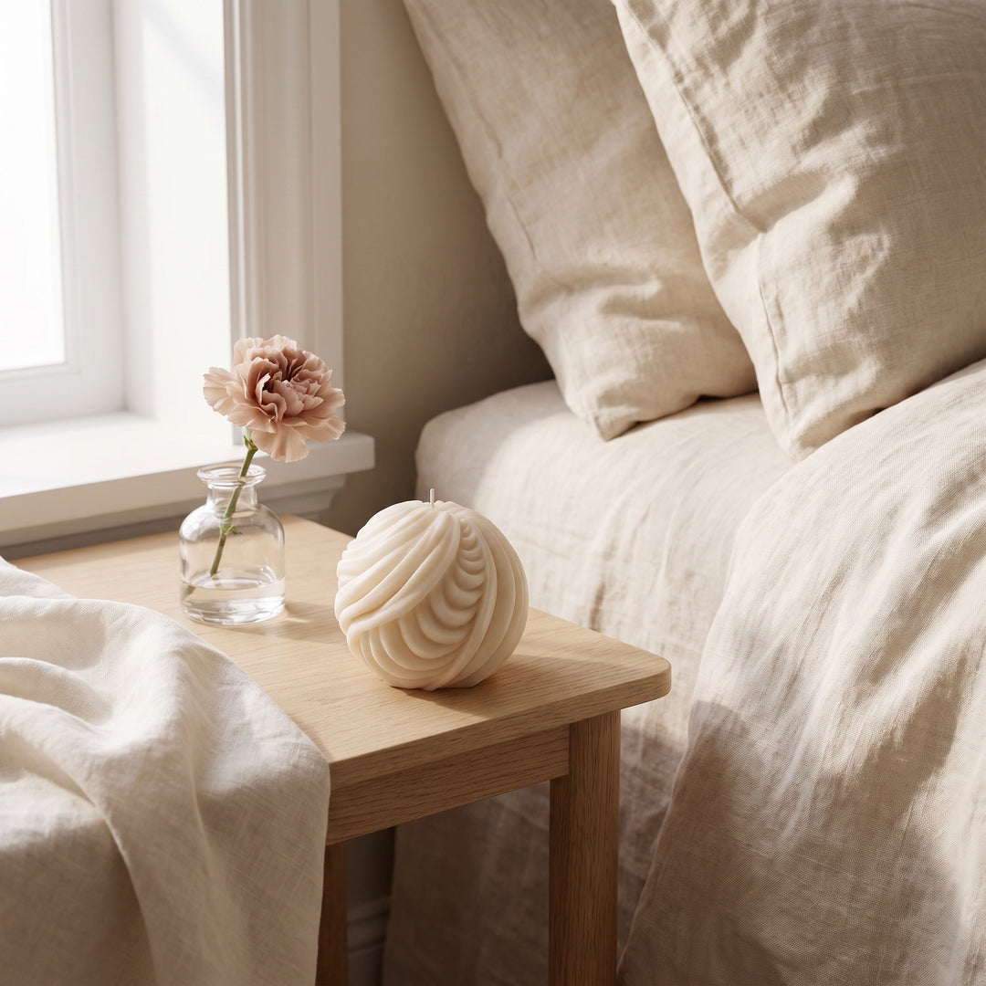 A cream-colored, textured spiral candle sits on a light wood bedside table next to a bed with beige linen bedding and pillows, with a small glass vase holding a pink flower in the background.