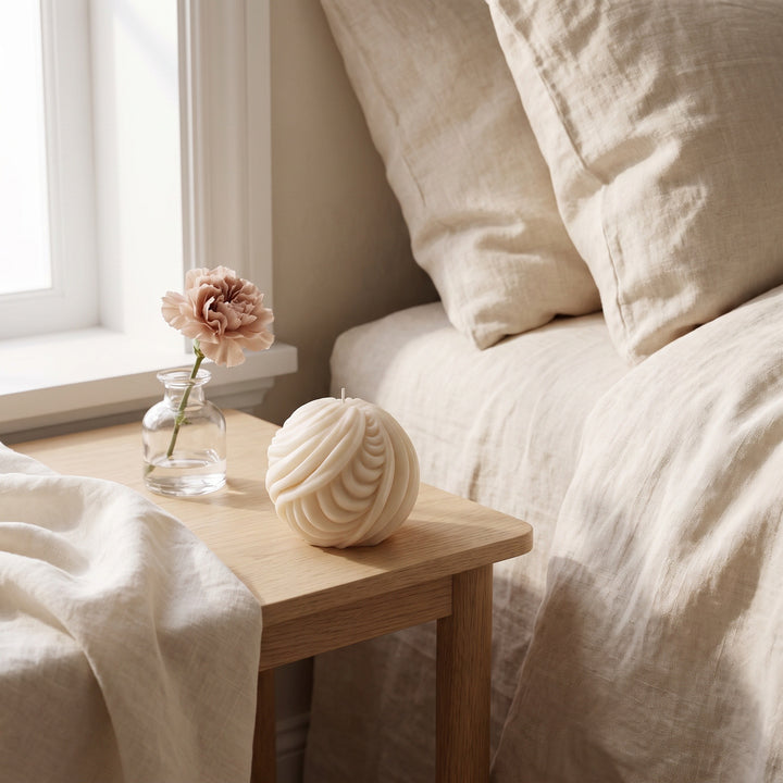 A cream-colored, textured spiral candle sits on a light wood bedside table next to a bed with beige linen bedding and pillows, with a small glass vase holding a pink flower in the background.