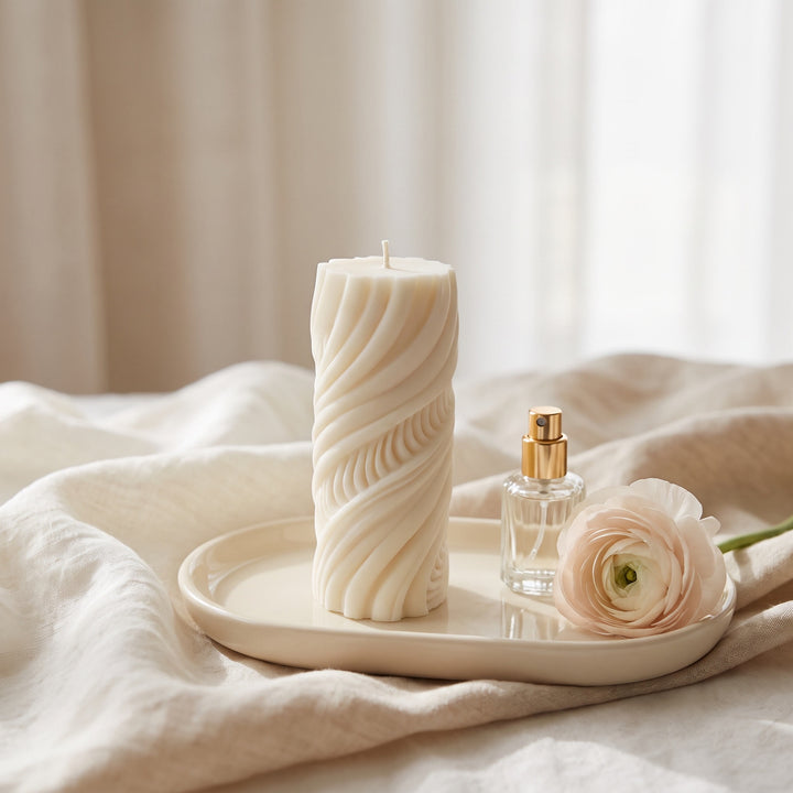 A tall cream-colored spiral-patterned candle sits on a matching cream tray beside a small clear glass perfume bottle with a gold sprayer and a pale pink flower, set on draped beige fabric.