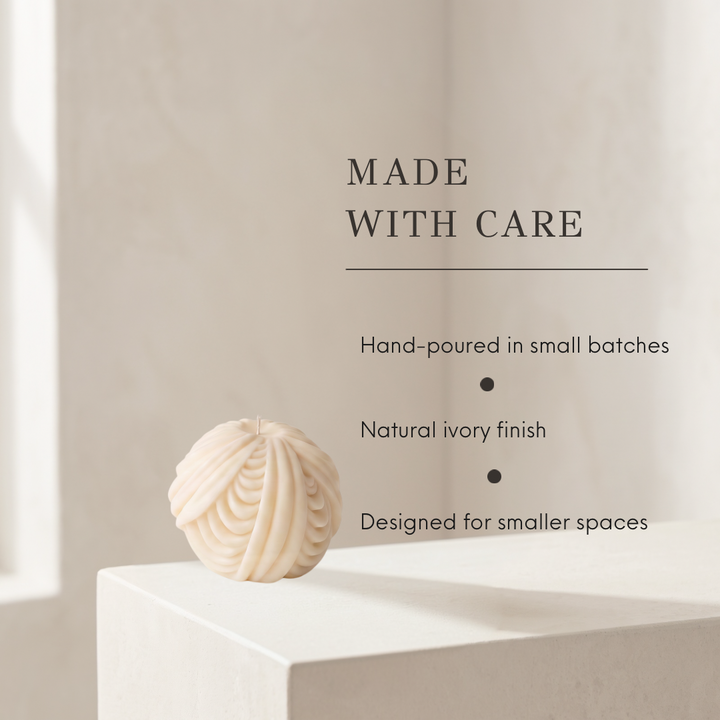A small sculptural cream-colored product sits on a white pedestal against a warm beige wall, with text reading “MADE WITH CARE” and bullet points about hand-poured batches, natural ivory finish, and suitability for smaller spaces.