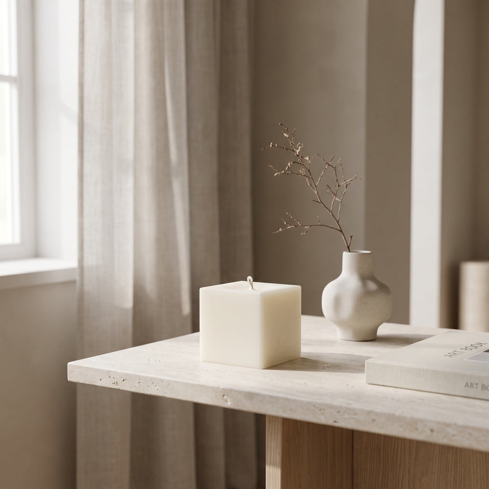 Cube No. 2 sculptural candle styled in a neutral home interior
