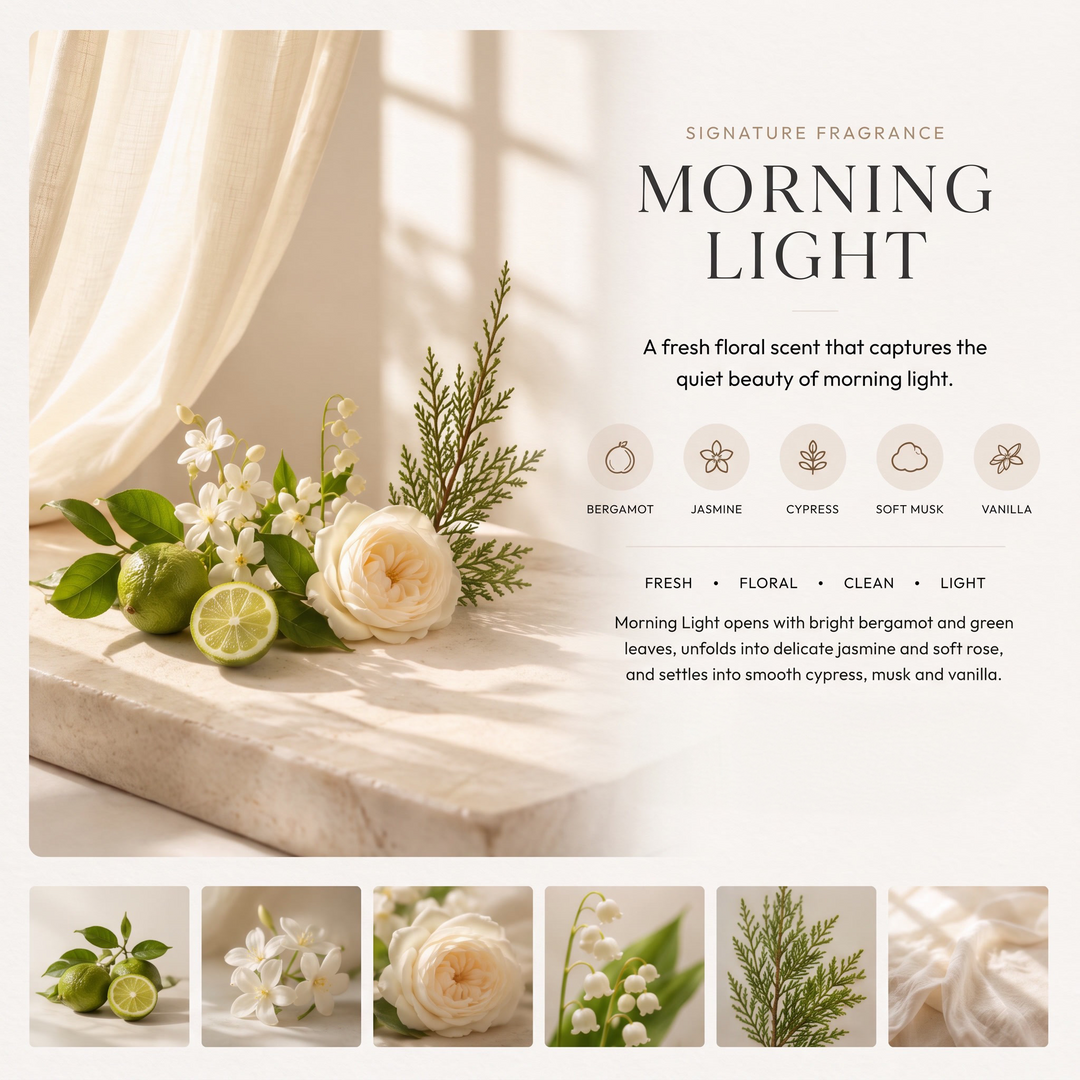 A styled fragrance marketing graphic for a scent named MORNING LIGHT. The design features a warm, sunlit scene with a white rose, lily of the valley, bergamot, and green leaves on a marble slab next to a draped cream fabric.