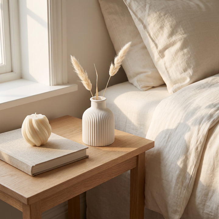 A styled bedroom scene with a light wood bedside table, a ribbed cream ceramic vase holding dried grass stems, a matching cream candle on a book, and a bed with cream bedding in soft natural sunlight.