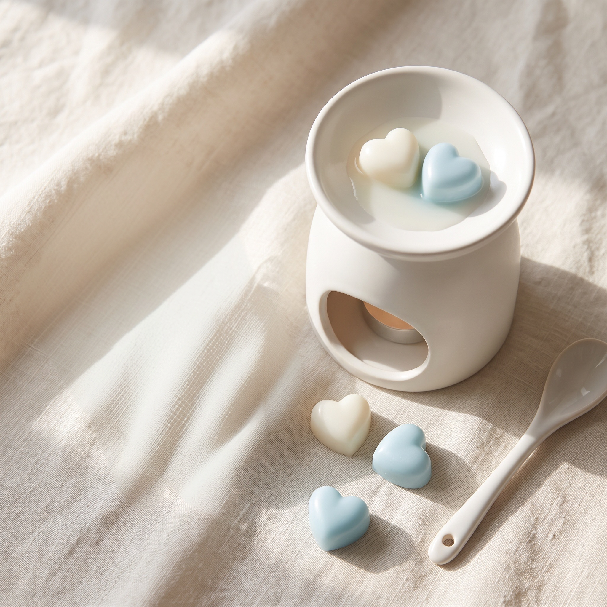 A white ceramic wax warmer with three small heart-shaped wax melts in the top dish, styled on a beige fabric surface with a spoon and two additional heart wax pieces nearby.